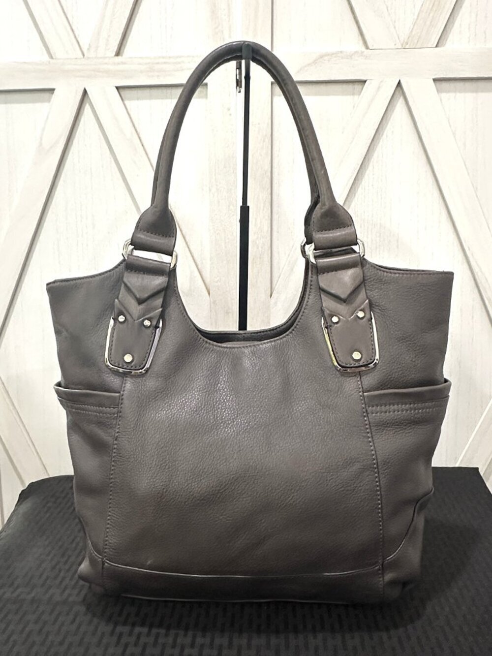 B. Makowsky Gray Pebbled Leather Shoulder Bag